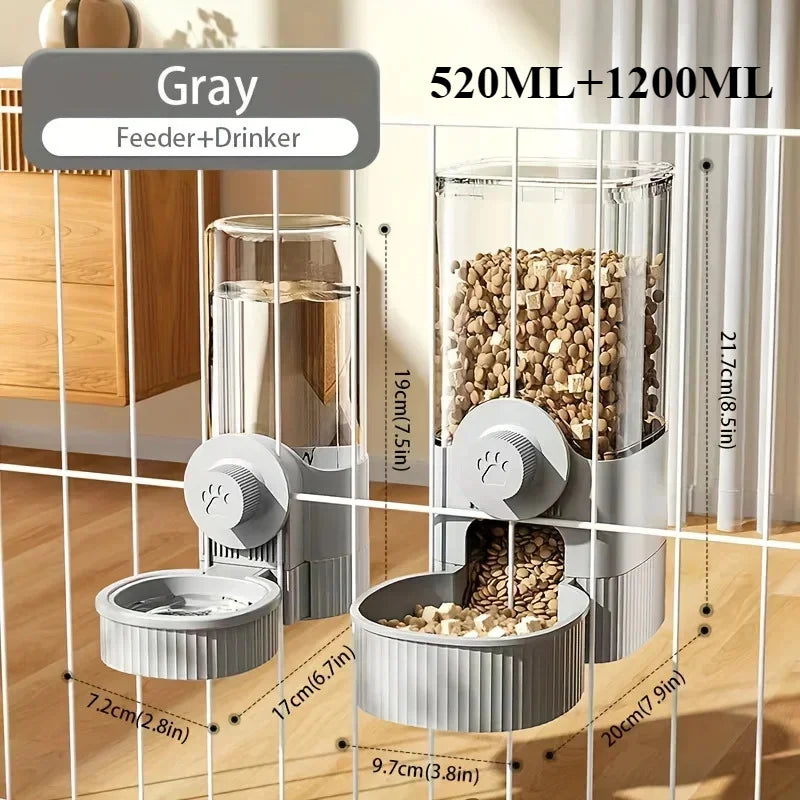 GravityFlow™ hanging cage feeder for dogs, cats, and rabbits, showcasing a spill-proof design and space-saving features.