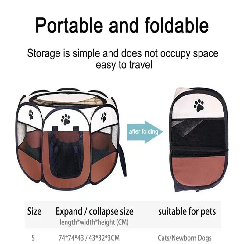 Foldable FurFort pet tent and playpen for dogs and cats, showcasing portable design and ample space for play and rest.