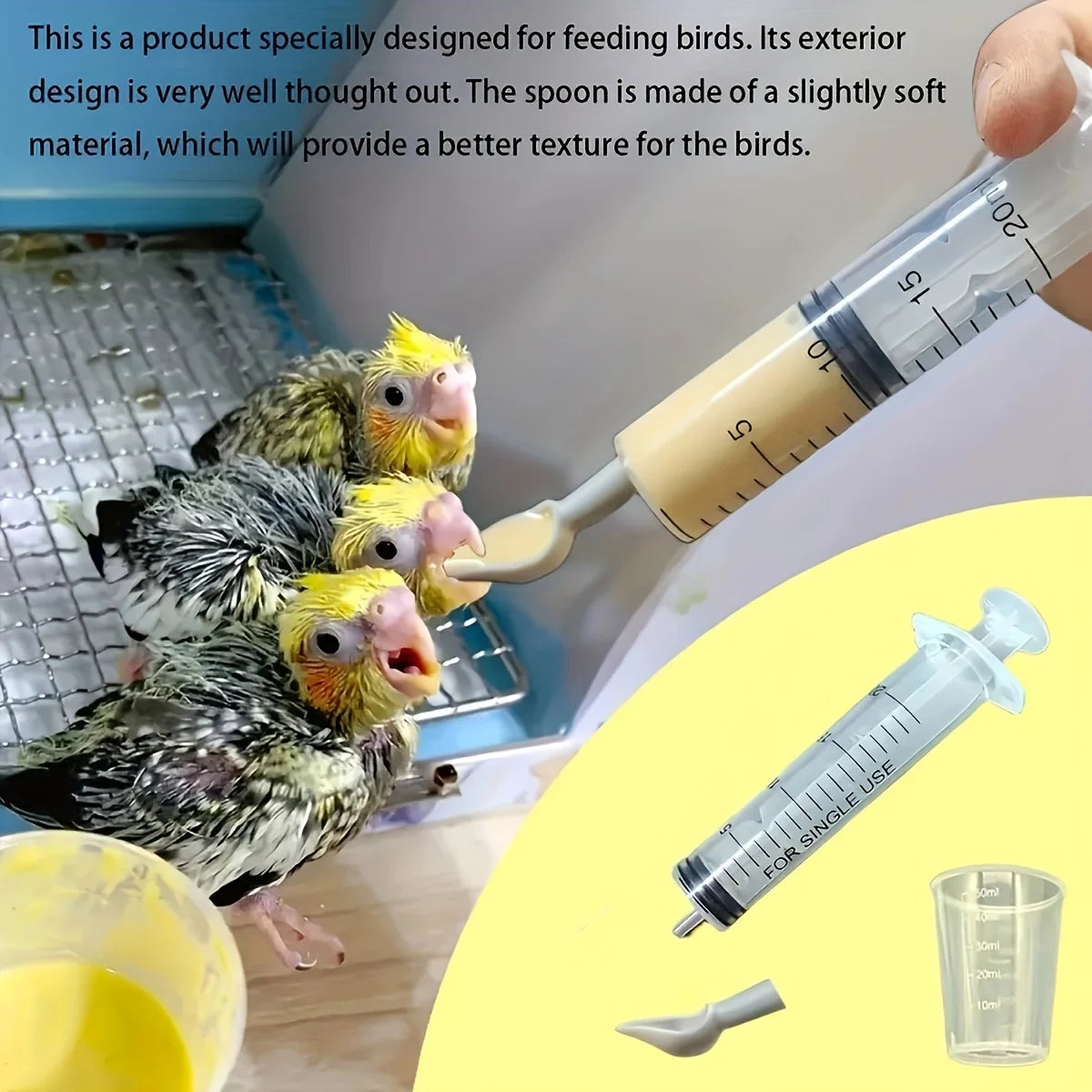 4-piece precision syringe set for hand-rearing baby birds by Petivo, featuring syringes in various sizes and accessories.