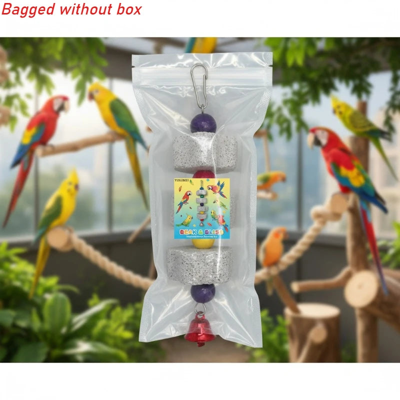 VitaBlock calcium mineral grinding stone for small birds, featuring a beak conditioner and playful bell.