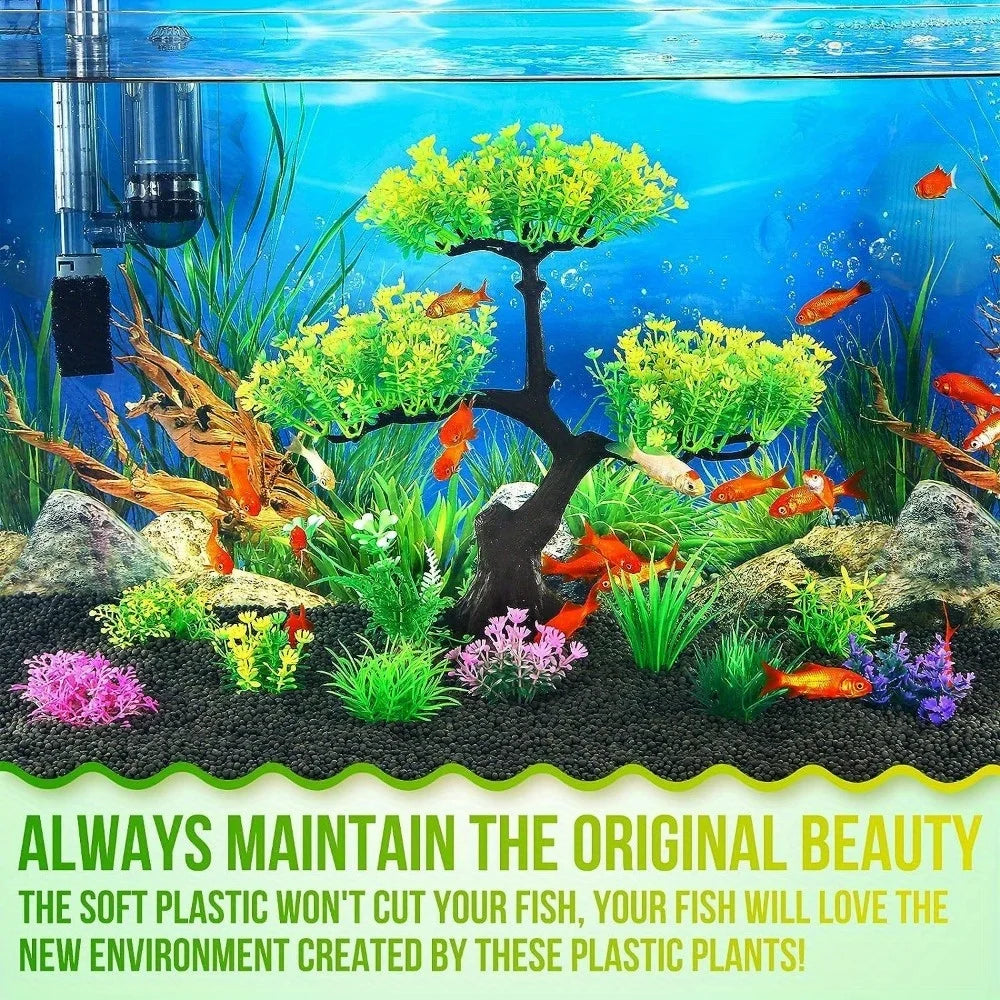 10-piece Petivo artificial aquarium plant set featuring vibrant, pet-safe decorations for goldfish tanks.