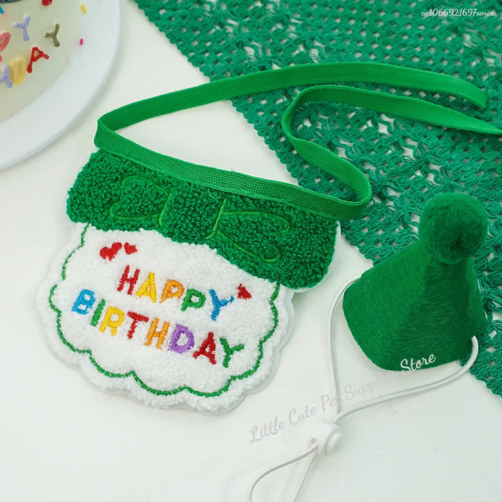 GlamPet™ cat birthday party hat and bib outfit with adjustable bandana for festive pet dress-up.