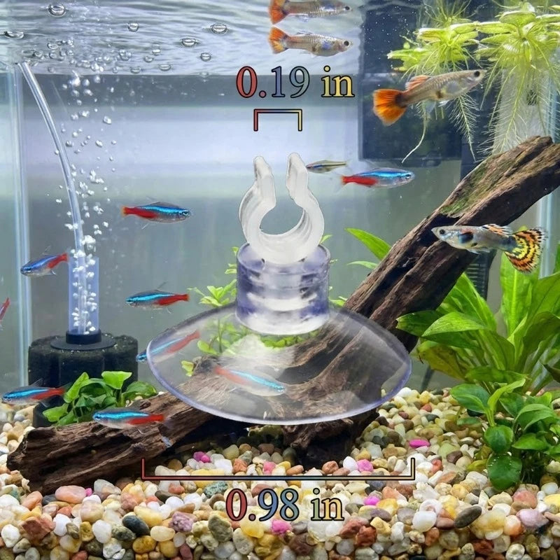 Clear AquaGrip™ suction cup clips for holding air line tubes in aquariums, 30-50 pieces, displayed on a white background.
