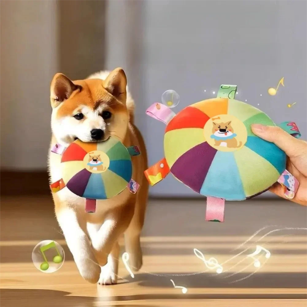 SqueakDisc™ cartoon plush dog toy with bell sound, designed for chewing and playful fun.