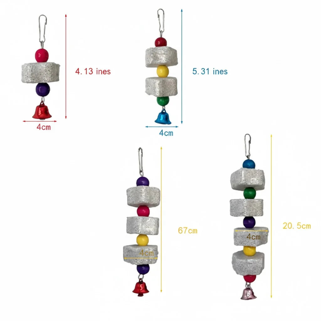 VitaBlock™ Calcium Mineral Grinding Stone for birds, featuring a beak conditioner, chew toy, and playful bell.