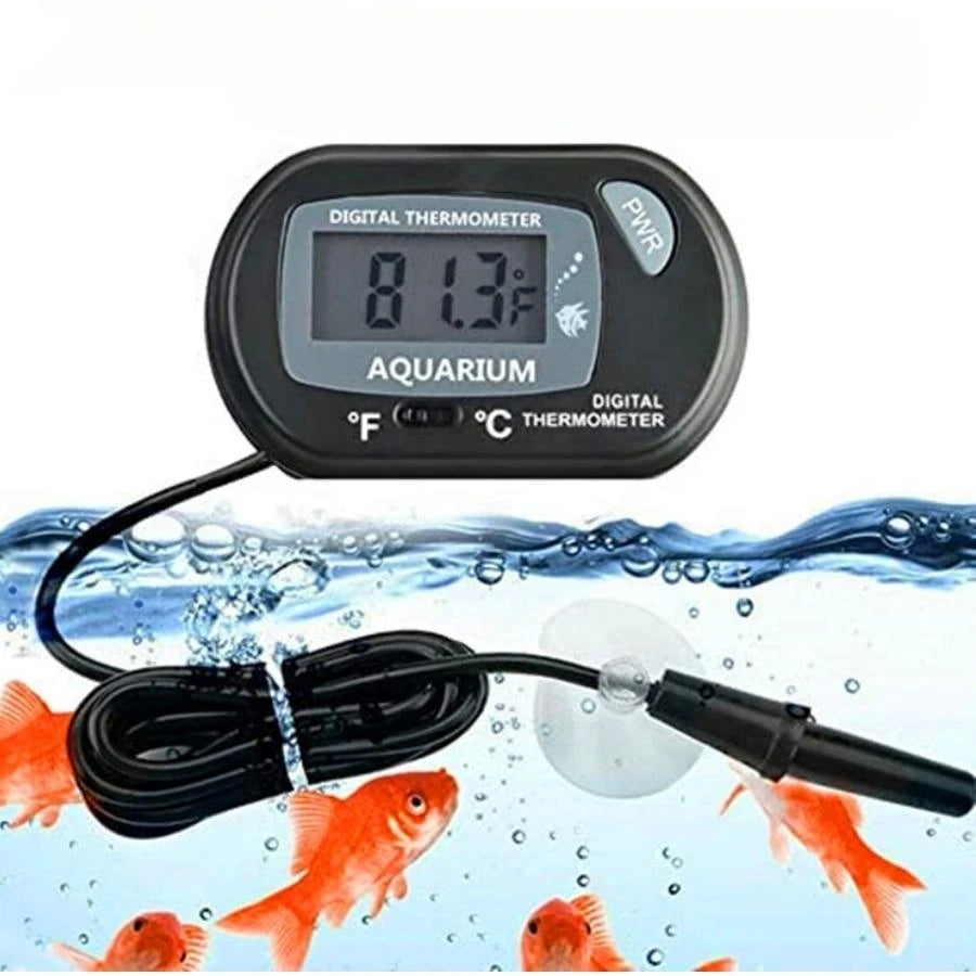 Aqua-Check Elite electronic water monitor with probe and suction cup for fish tank temperature measurement in degrees Celsius.