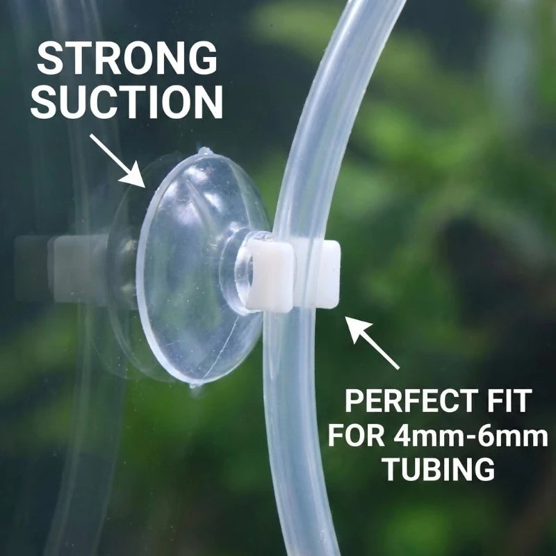 AquaGrip™ clear suction cup clips for aquarium air line tubes, 30-50 pieces, securely holding tubes in place.