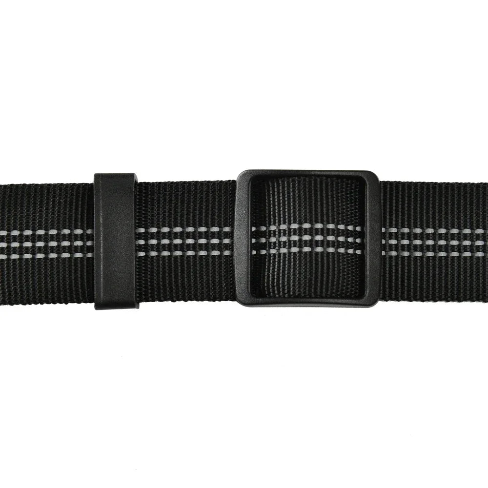 Adjustable SafePaws™ dog car seat belt with reflective elastic for safe travel, shown in a vehicle setting.
