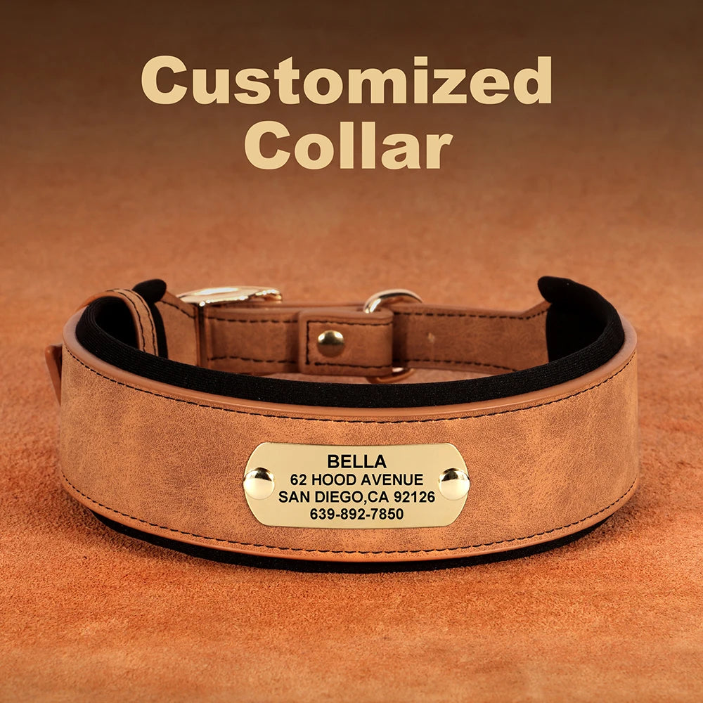 LuxePaws™ Custom Dog Collar – Wide PU Leather Personalized Collar with Name Tag for All Dog Sizes