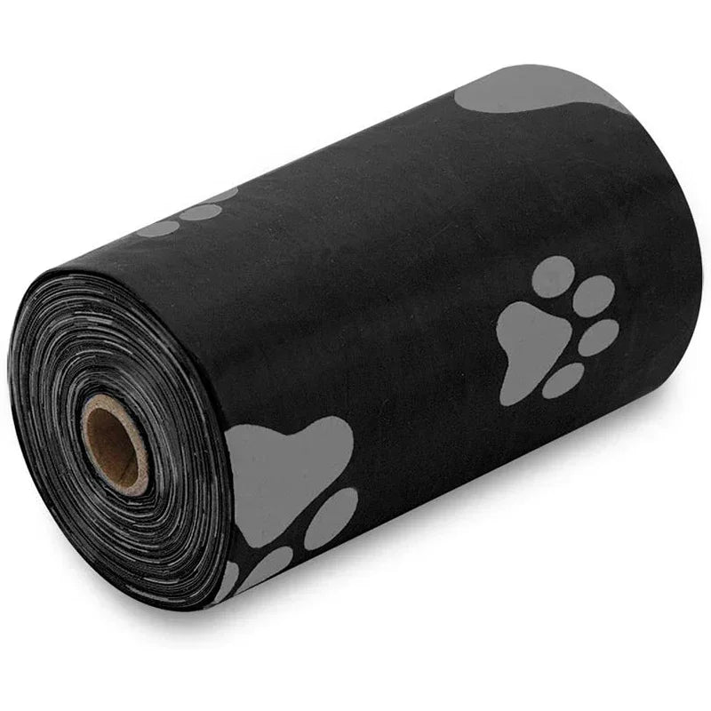 Black pet waste bag roll with gray paw print design, eco-friendly dog poop bags