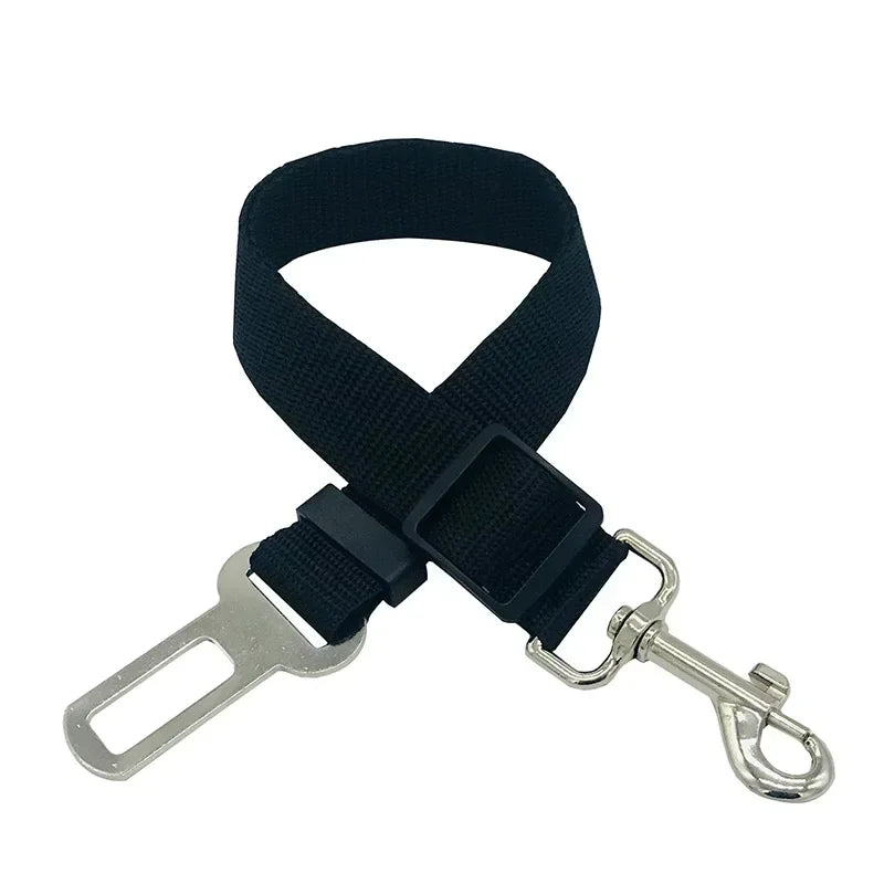 Black adjustable pet seat belt with metal clip and buckle for dog car safety