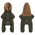 Green and brown dog raincoat with hood, shown front and back, waterproof pet clothing