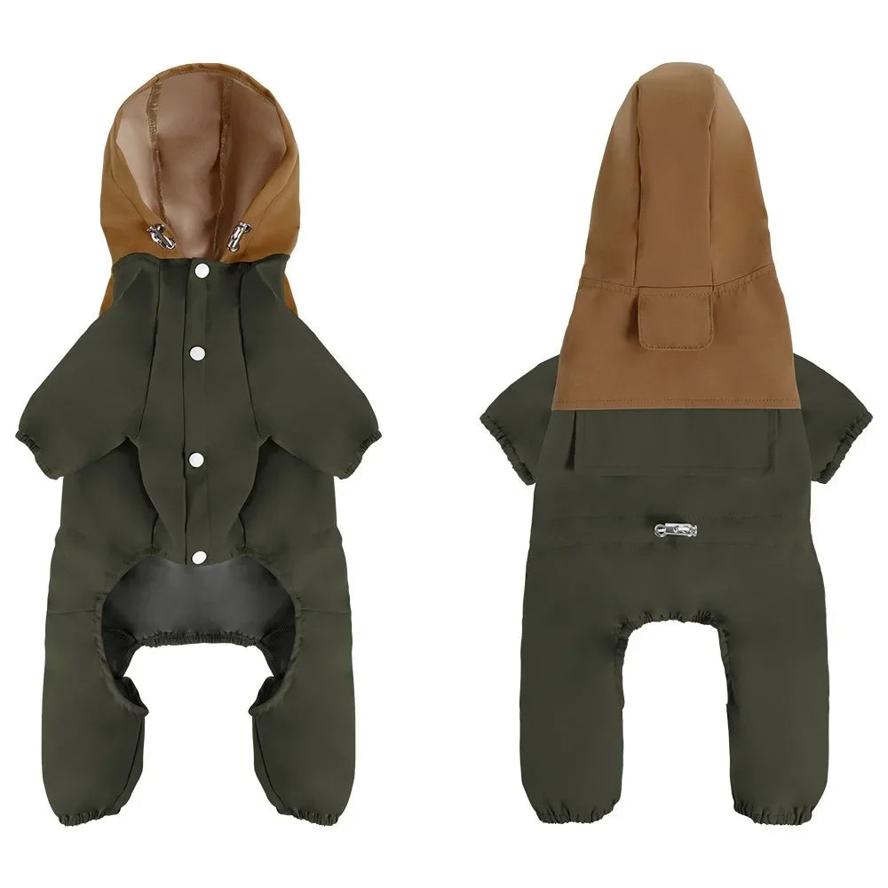 Green and brown dog raincoat with hood, shown front and back, waterproof pet clothing