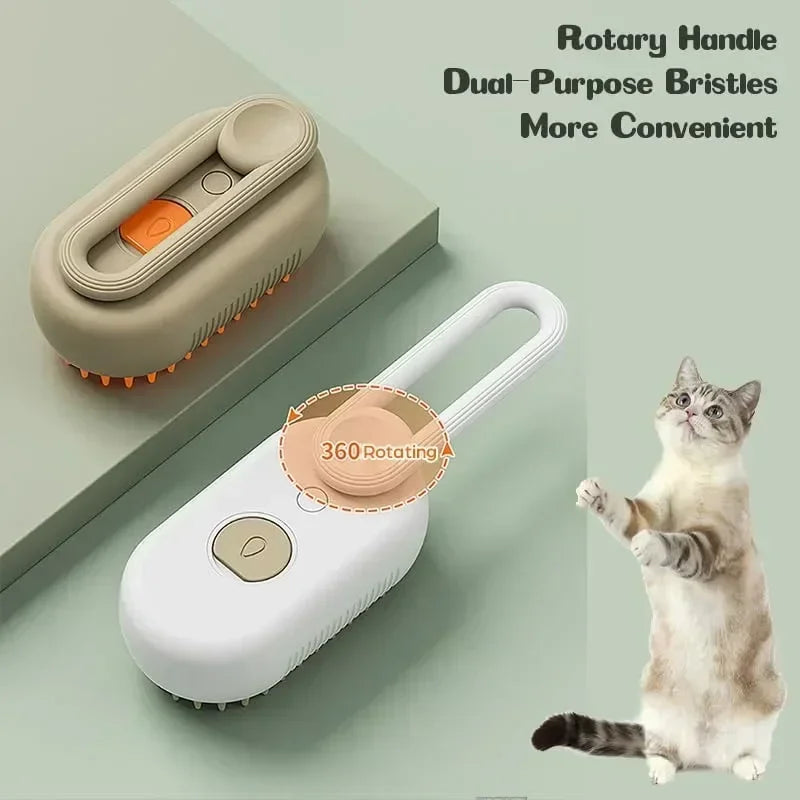 Dual-purpose pet brush with rotary handle for cats, ergonomic design, 360° rotating feature.