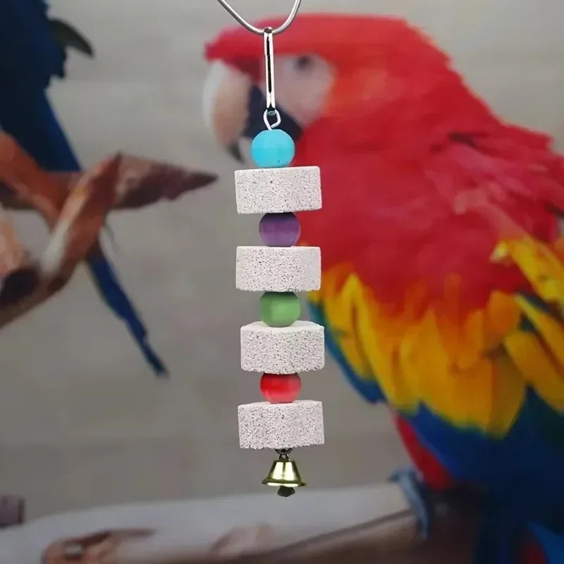 VitaBlock™ Calcium Mineral Grinding Stone with bell, 2-in-1 beak conditioner and chew toy for small birds like parakeets.