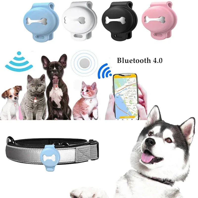 SafeTail™ Smart Pet Tracking Collar in use on a dog, showcasing Bluetooth GPS locator features for pets.