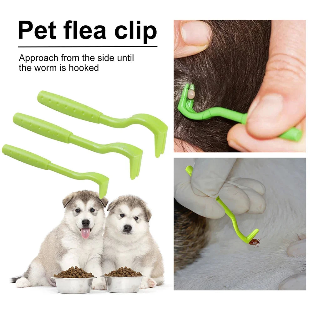 Petivo TickAway™ Flea & Tick Removal Kit for cats and dogs, featuring grooming tools in various sizes and designs.
