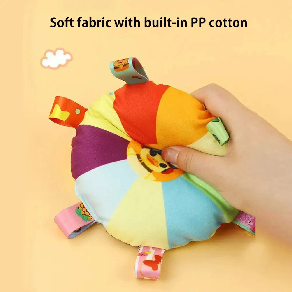 Cartoon plush dog toy by Petivo, shaped like a disc, featuring a bell sound for interactive chewing and play.