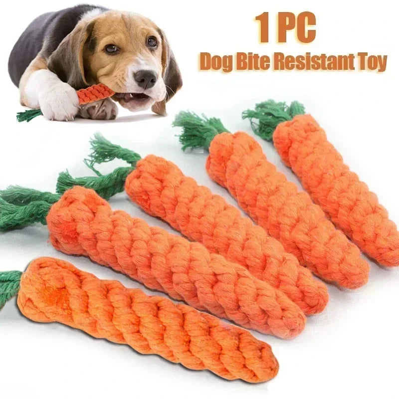 Braided cotton rope dog toy in carrot shape, designed for durable chewing and playful fun for puppies by Petivo.