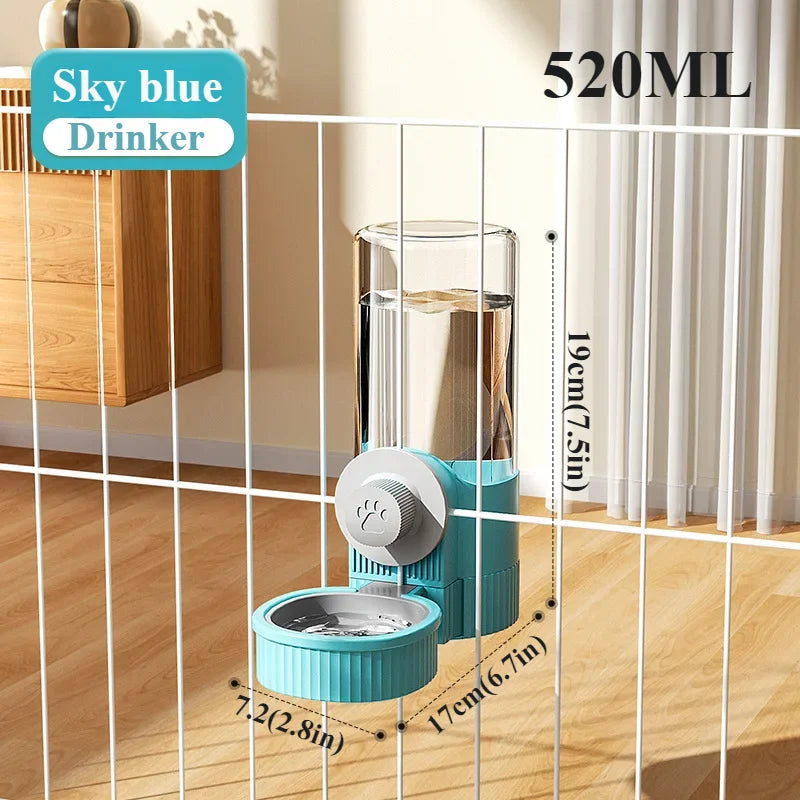 GravityFlow™ hanging cage feeder with automatic waterer and food bowl for dogs, cats, and rabbits in a crate setting.