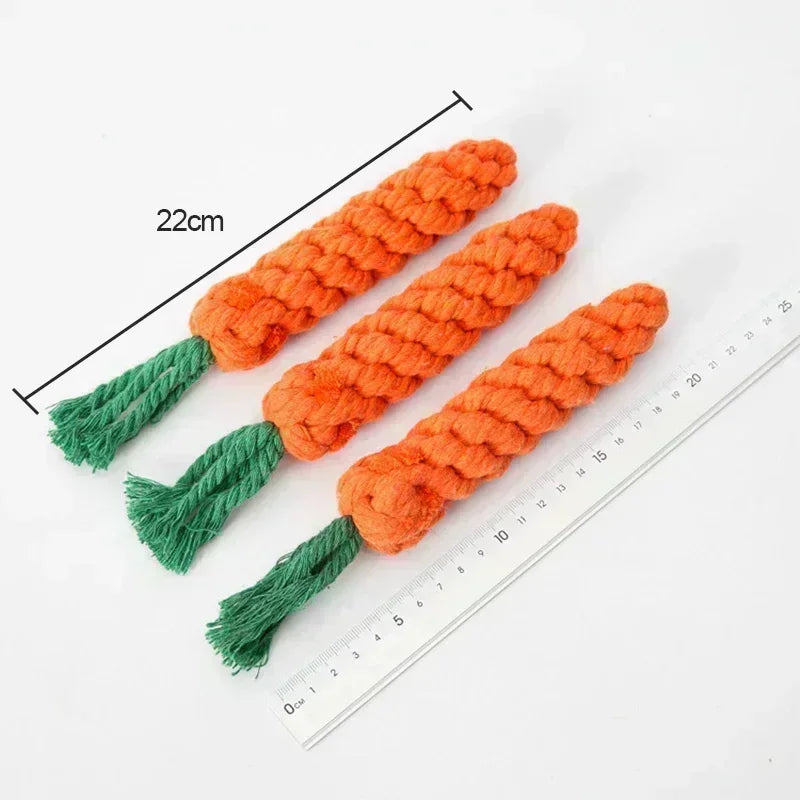Braided cotton rope dog toy in orange, designed for puppies, featuring a durable, bite-resistant texture.