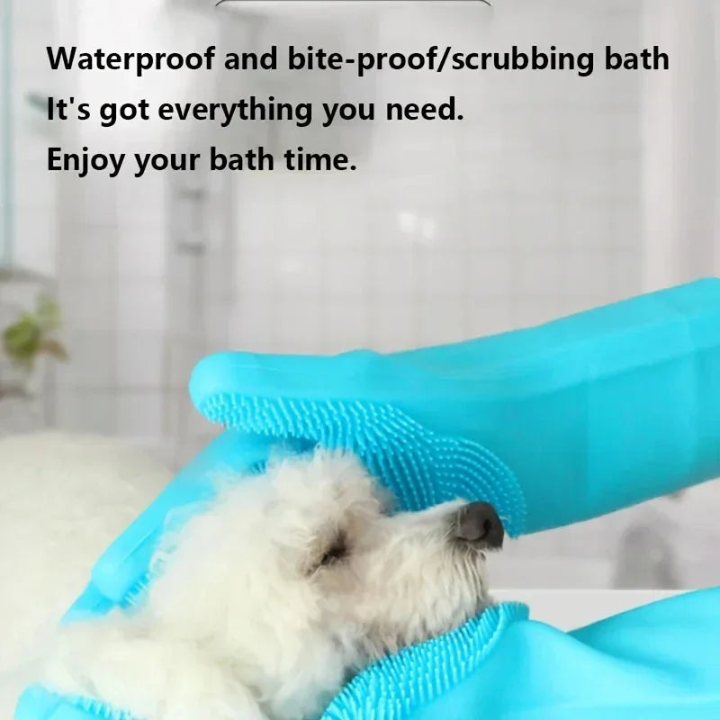 Blue waterproof pet grooming gloves scrubbing a small white dog during bath time