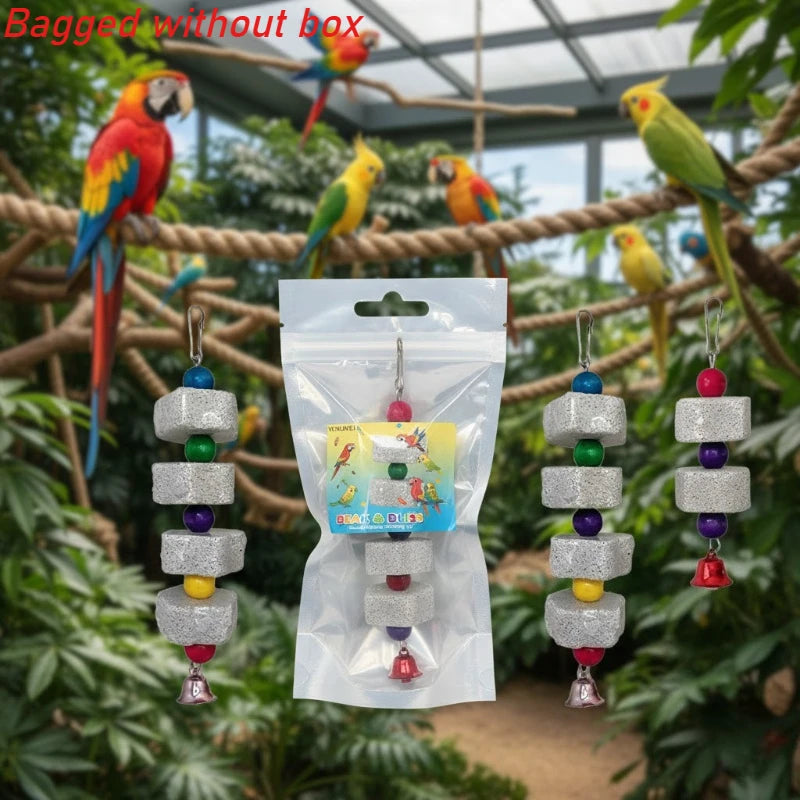 VitaBlock™ calcium mineral grinding stone with bell, designed for parakeets and small birds as a beak conditioner and chew toy.