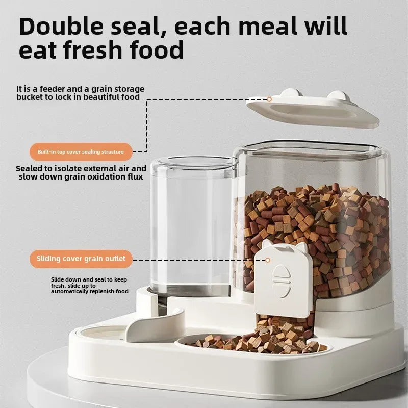 PureStream™ 2-in-1 Hydration Station for cats and dogs featuring an automatic waterer and tilted food bowl.