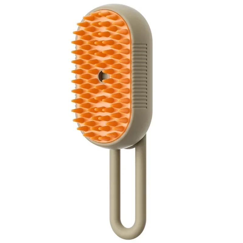 Orange silicone pet grooming brush with ergonomic handle for dogs and cats