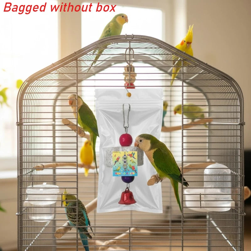 VitaBlock™ calcium mineral grinding stone with bell for parakeets, cockatiels, and small birds, promoting beak health.