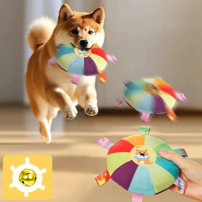SqueakDisc™ cartoon plush dog toy featuring a bell sound, designed for chewing and playful fun for dogs.