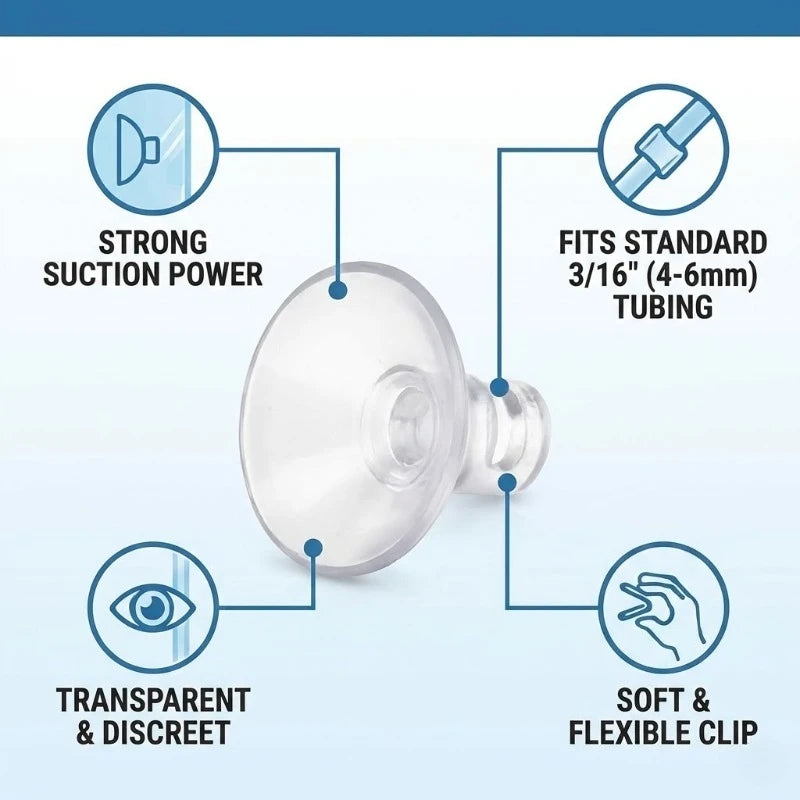 AquaGrip™ clear suction cup clips for holding air line tubes in aquariums, featuring 30-50 pieces in a pack.