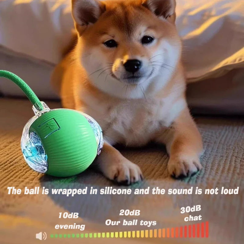 SmartRoll™ interactive dog ball by Petivo, colorful and round, rolling on a grassy surface with a playful dog nearby.