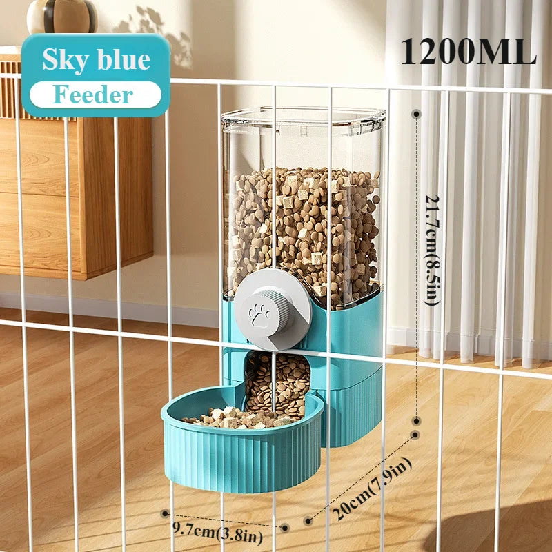 GravityFlow™ Hanging Cage Feeder with automatic waterer and food bowl for dogs, cats, and rabbits, designed for crates.