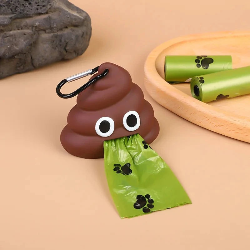 Durable EmojiPaw™ portable waste bag dispenser in bright colors, attached to a dog leash for convenient outdoor use.