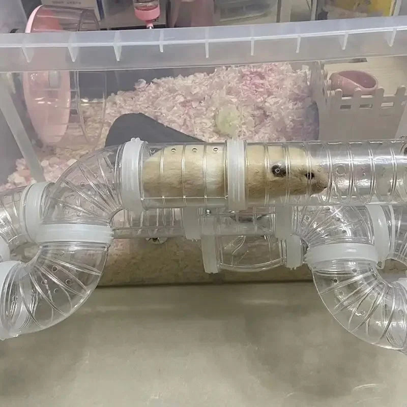 FluffyTrail DIY toy maze with external tubes and U-pipe, designed for hamsters and chinchillas, showcasing colorful tunnels.