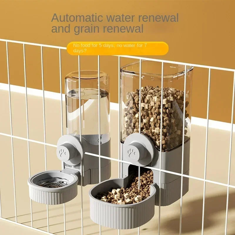 GravityFlow™ hanging cage feeder with spill-proof design for dogs, cats, and rabbits in a crate setting.
