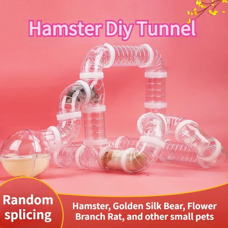 FluffyTrail DIY toy maze with external tubes and U-pipe designed for hamsters and chinchillas in a colorful setup.