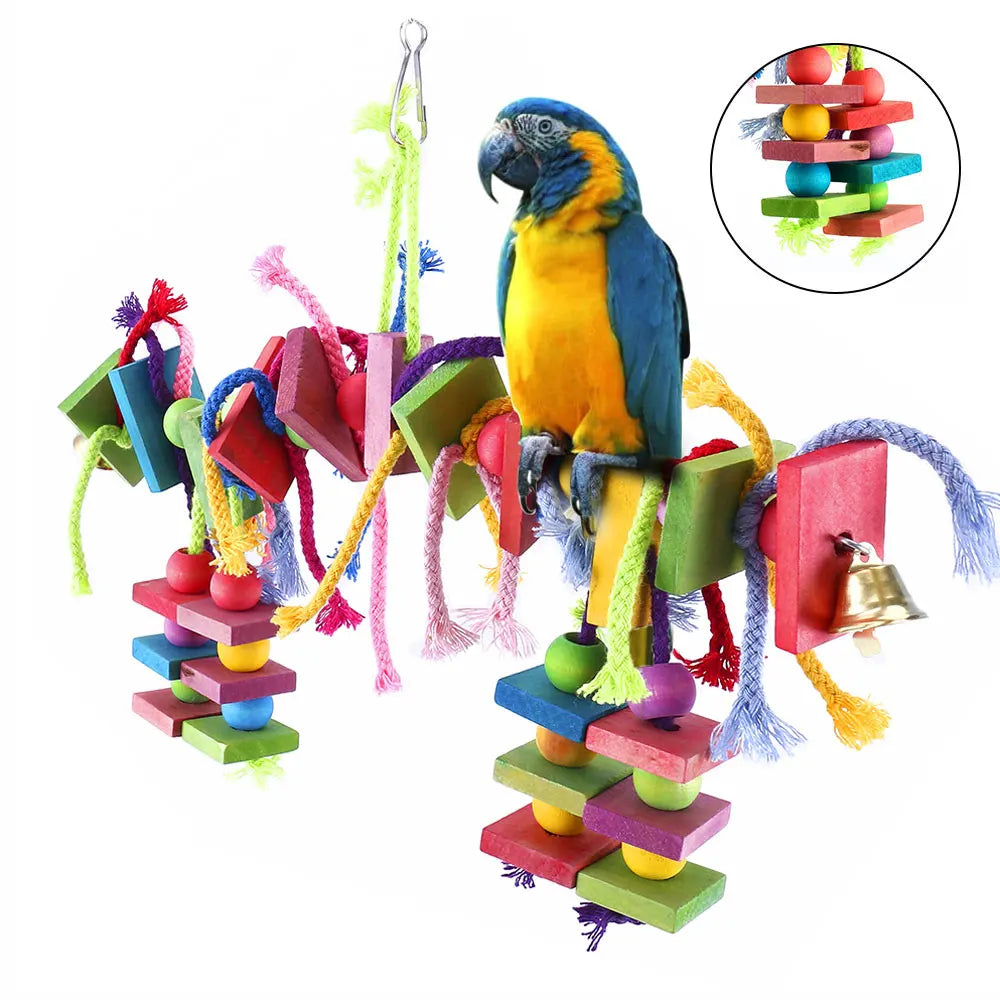 VitaBlock™ calcium mineral grinding wood beak conditioner and chew toy with bell for parakeets and small birds.