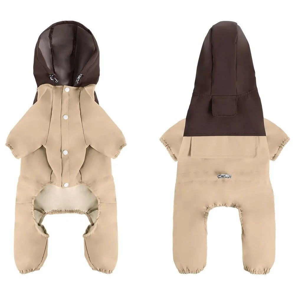 Beige and brown dog jumpsuit with hood, snap buttons, and leg openings, front and back view