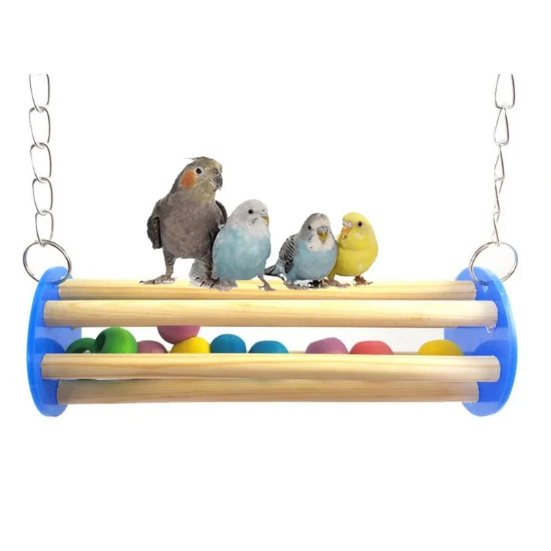 Wooden cage toy by BranchJoy™ featuring climbing and resting board for parrots and small pets.