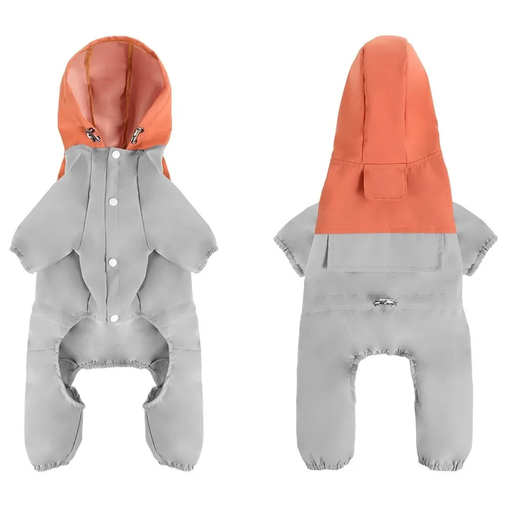 Gray and orange dog raincoat jumpsuit with hood, shown front and back, pet apparel
