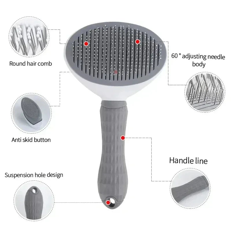 Pet grooming brush with round comb needles, ergonomic handle, and anti-skid button